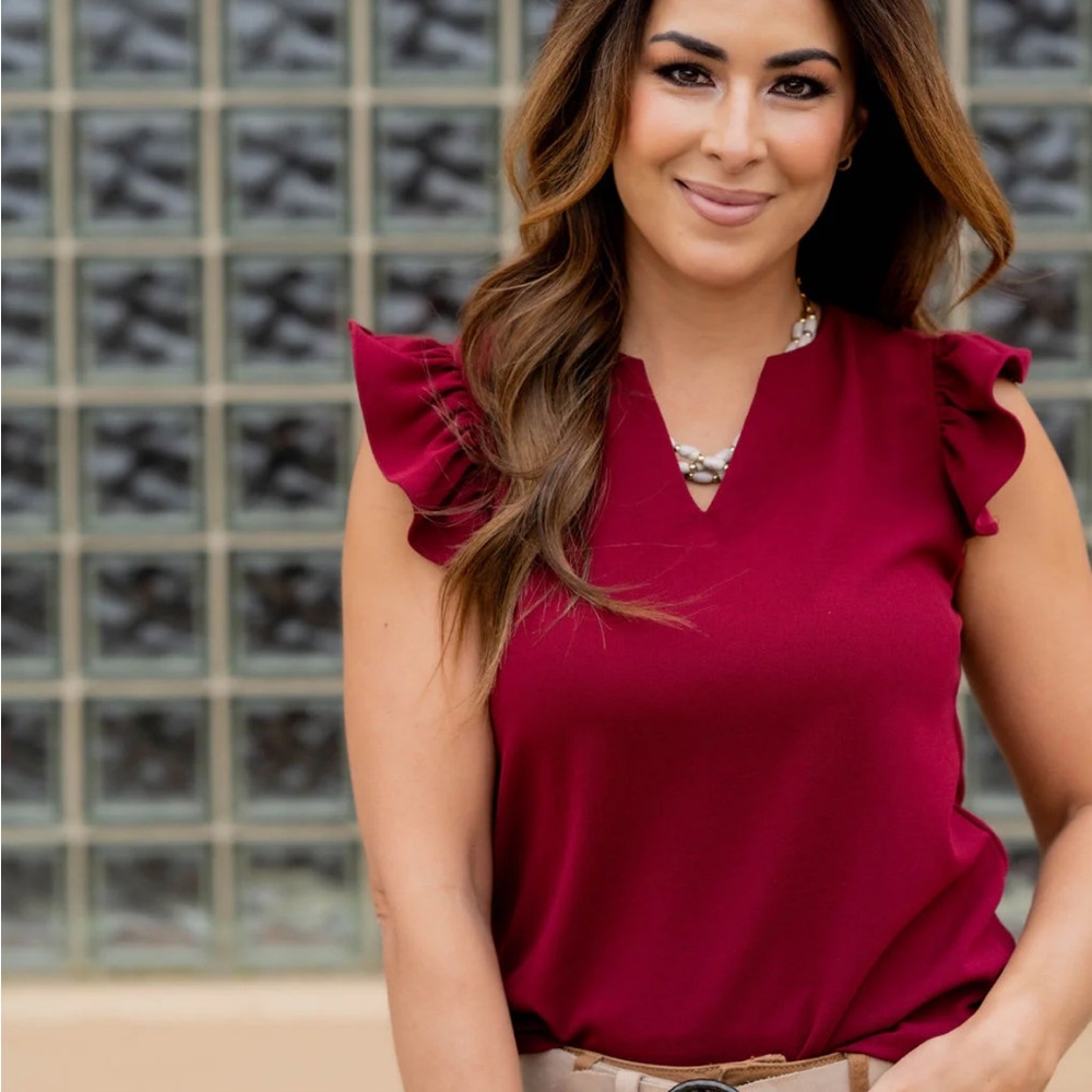 Chic Burgundy Ruffle Sleeve Blouse